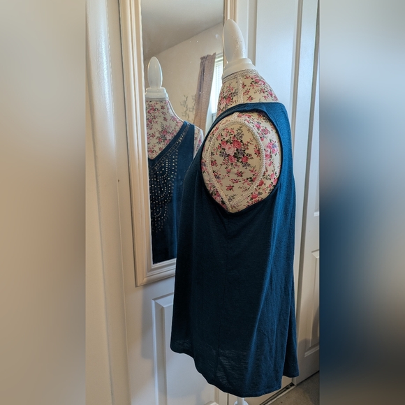 Knox Rose Dark Teal Gold Studded Embellished V-neck Tank Top Sleeveless XL - Picture 3 of 13